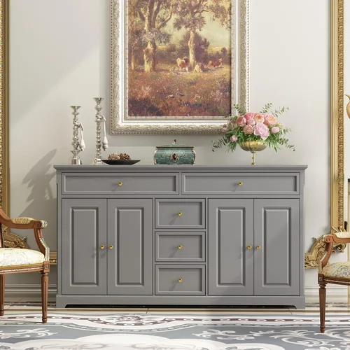 Miniatura 10 de AIEGLE Aparador de cocina negro con 4 puertas y 5 cajones, armario de almacenamiento grande de 59.1 pulgadas de ancho, consola de mesa, armario