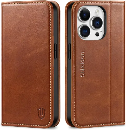 SHIELDON Funda para iPhone 14 Pro 5G 2022, funda tipo cartera de piel auténtica con función atril y bloqueo RFID, funda magnética que absorbe los