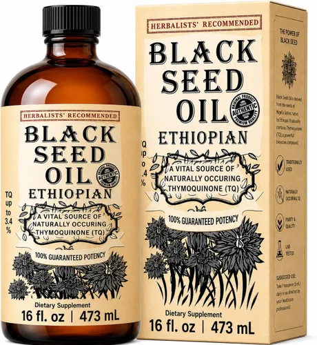 Aceite de semilla negra etíope de 16 onzas – Nigella sativa prensada en frío | Aceite de semilla de comino negro de alta timoquinona al 3.45% |