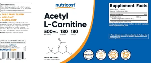 Miniatura 6 de Nutricost Acetil L-carnitina 500 mg, 180 cápsulas - Sin OMG y sin gluten