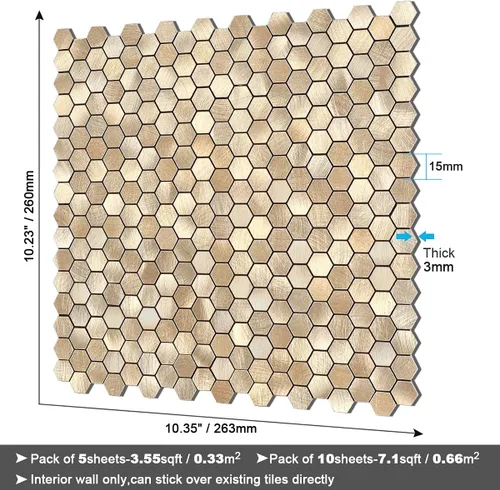 Miniatura 6 de BeNice Azulejos de mosaico de cocina para despegar y pegar, calcomanías de metal pequeñas hexagonales (10 unidades, champán dorado)