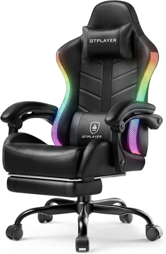 Miniatura 7 de GTPLAYER Silla de juegos para adultos, silla ergonómica para juegos de computadora con reposapiés, altura ajustable, reclinación de 90-155° y Blanco