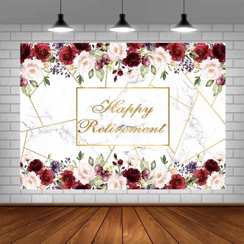 Miniatura 4 de AIBIIN Telón de fondo de feliz jubilación de 7 x 5 pies, mármol rojo y blanco, oro rosa, flores rojas, fondo de fotografía de mujeres ancianas