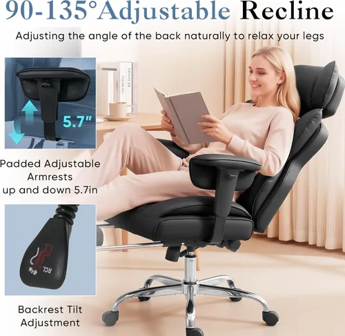 Miniatura 4 de DUMOS Silla de escritorio grande y alta para oficina en casa, silla de computadora para juegos, silla ergonómica ejecutiva con reposapiés, respaldo