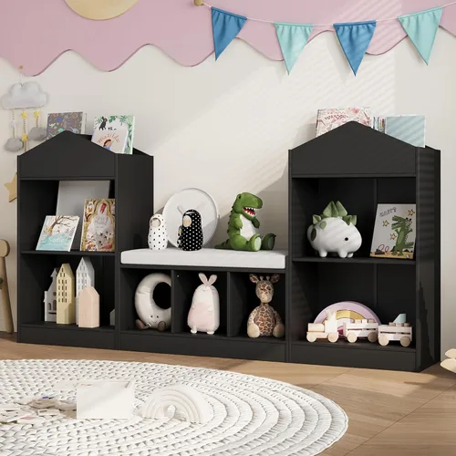 Miniatura 4 de MHOM Estantería infantil de 68.9 pulgadas con rincón de lectura, organizador de almacenamiento de juguetes con cojín de asiento y 7 cubos
