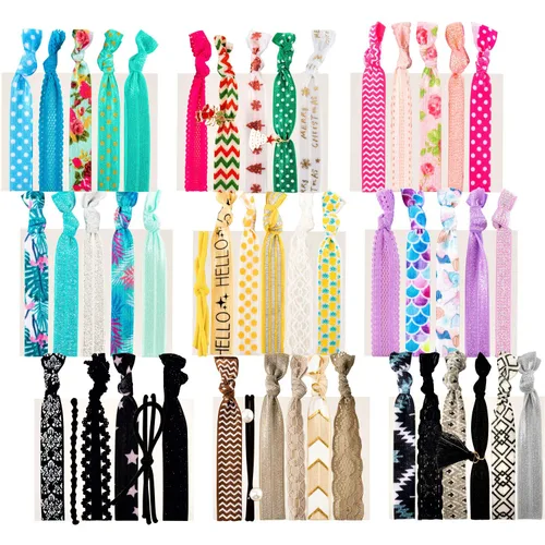 Miniatura 12 de 79Style Accesorios para el cabello de tela elástica para mujeres, 125 soportes para cola de caballo con cinta anudada, bandas para el pelo de tela