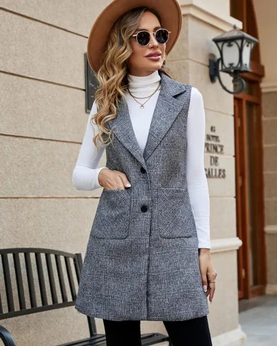 Miniatura 7 de Kedera Chaleco largo de un solo pecho para mujer, casual, sin mangas, con bolsillo, ropa de abrigo larga