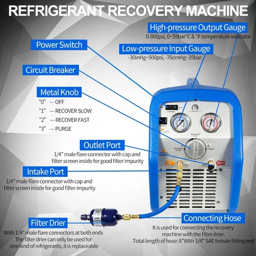 Miniatura 3 de Máquina de recuperación de refrigerante de doble cilindro 1HP, unidad de reciclaje de freón portátil sin aceite de 110V-120V 60Hz para refrigerante