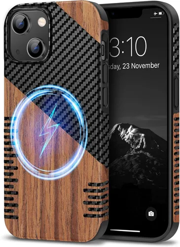 Miniatura 19 de TENDLIN Funda Magnética Compatible con iPhone 14 Plus Funda de Madera con Textura de Fibra de Carbono Diseño Híbrido de Cuero Cubierta Delgada Negro