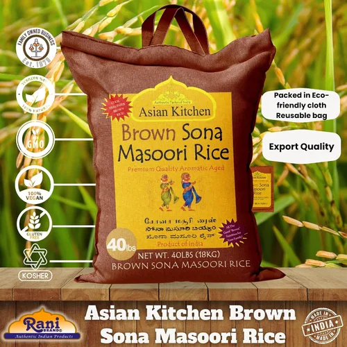 Miniatura 4 de Asian Kitchen Brown Sona Masoori - Arroz envejecido de 40 libras, 40 libras (40.0 lbs) de arroz de grano corto ~ Todo natural Apto para gluten