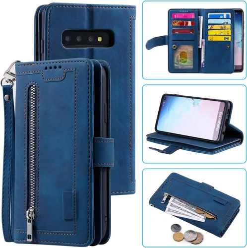 UEEBAI Funda tipo cartera para Samsung Galaxy S10 Plus, Retro 9 ranuras para tarjetero con cremallera, bolsillo de piel sintética, cierre magnético
