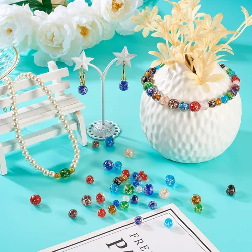 Miniatura 3 de Craftdady 96 cuentas de cristal redondas con arena dorada, 24 estilos hechos a mano que brillan en la oscuridad, cuentas espaciadoras sueltas