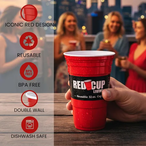 Miniatura 4 de Vasos de 32 onzas Taza roja reutilizable para fiesta, vaso y vaso Vasos de fiesta ideales para niños y adultos Suministros reutilizables
