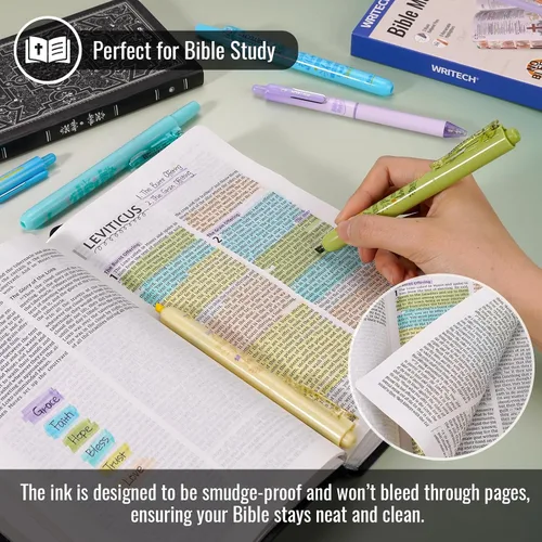 Miniatura 6 de WRITECH Set de marcadores y bolígrafos para diario de la Biblia Mate: marcadores sin sangrado para la Biblia y bolígrafos de bola de tinta negra