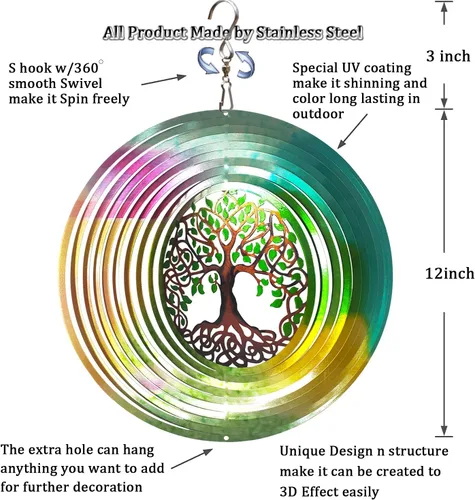Miniatura 7 de Molinillo de viento de mandala del árbol de la vida, 12 pulgadas, 3D, de acero inoxidable cortado con láser, patrón geométrico de arte, regalo A1