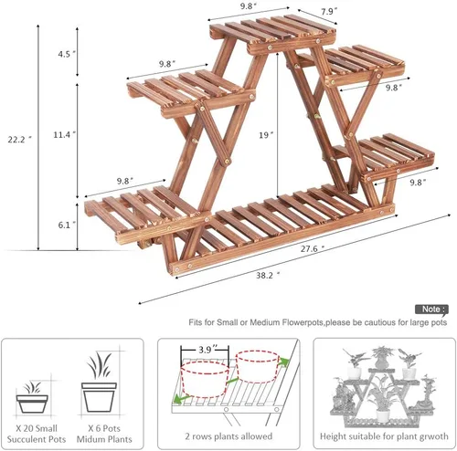 Miniatura 2 de Soporte de madera para plantas para interiores, estante de 6 niveles con forma de triángulo, soporte para macetas de múltiples niveles para patio