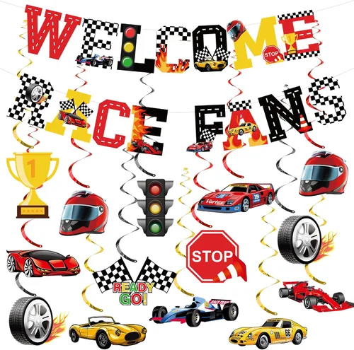 Kit de 26 piezas de decoración de fiesta de coches de carreras, pancarta de bienvenida para fanáticos de las carreras y serpentinas de techo de