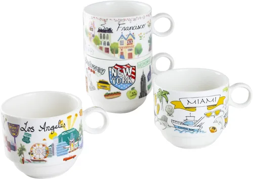 Miniatura 3 de Gracie China by Coastline Imports Juego de tazas de café apilables de porcelana de 4 piezas (Nueva York, San Francisco, Los Ángeles, Miami)