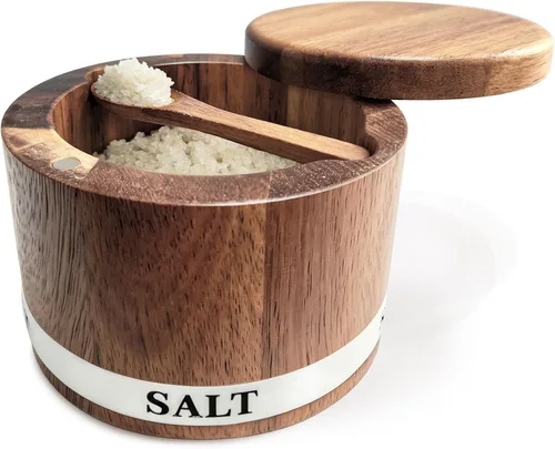 ThougrLyh Bodega de sal, recipiente de sal de madera de acacia con tapa y cuchara, etiqueta de caja de sal grabada desmontable y cierre magnético,
