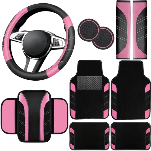 Miniatura 9 de NBTEPEM Juego de 6 accesorios de automóvil beige, funda de cuero deportivo para volante de 14.5 a 15 pulgadas, universal, funda de cuero