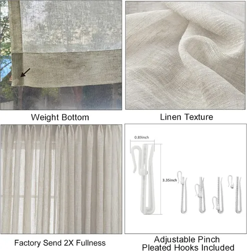 Miniatura 5 de Cortinas traslúcidas beige de 54 pulgadas de largo, cortinas plisadas de lino sintético para ventana, 26 pulgadas de ancho x 54 pulgadas de largo