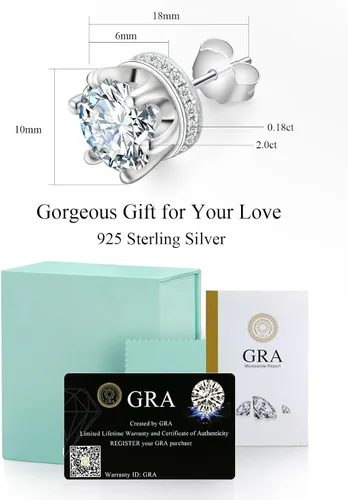 Miniatura 6 de 4.5CT Genuine Moissanite Solitaire Crown Stud Earrings for WomenD Color VVS1 Round Cut Simulated Diamond Flat Back Hidden Halo Earrings S925
