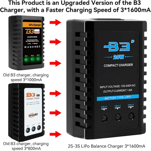 Miniatura 2 de Cargador de batería B3 Lipo - 2S 3S RC Balance Cargadores AC 7.4-11.1V 20W 1.6A con XH3P XH4P Plug para RC Baterías de Coche Drone Barco Avión