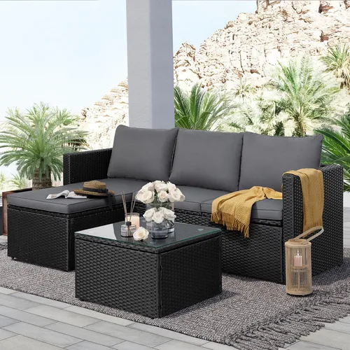 Miniatura 8 de SUNLEI Sofá seccional de patio de 3 piezas, juego de muebles de patio con cojines suaves desmontables, juego de sofá de conversación de mimbre