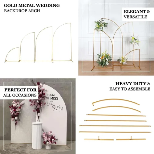 Miniatura 4 de Tableclothsfactory Soporte para telón de fondo de arco de boda de metal dorado de 5 pies, diseño floral de media luna