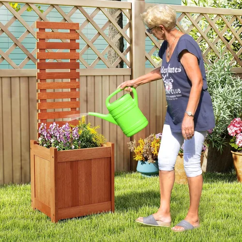 Miniatura 2 de Giantex Cama de jardín elevada de madera con enrejado, maceta para exteriores con base abierta para plantas trepadoras, profundidad de plantación