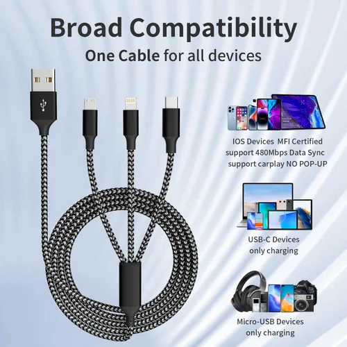 Miniatura 6 de Cable de carga múltiple (paquete de 2 cables de 4 pies) 3 en 1 para múltiples dispositivos, cable de carga universal trenzado de nailon para Negro