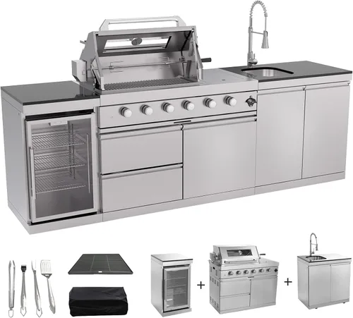 Miniatura 14 de Isla de cocina al aire libre de 153 pulgadas, combinación de parrilla de gas propano de 96000 BTU con refrigerador y fregadero, gabinete de cajón