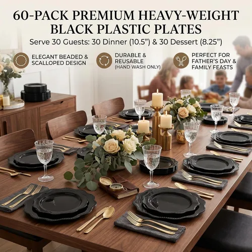 Miniatura 4 de COLOSUS Juego de 60 platos de plástico negro, platos desechables negros resistentes para fiestas, incluye 30 platos llanos de 10.5 pulgadas y 30
