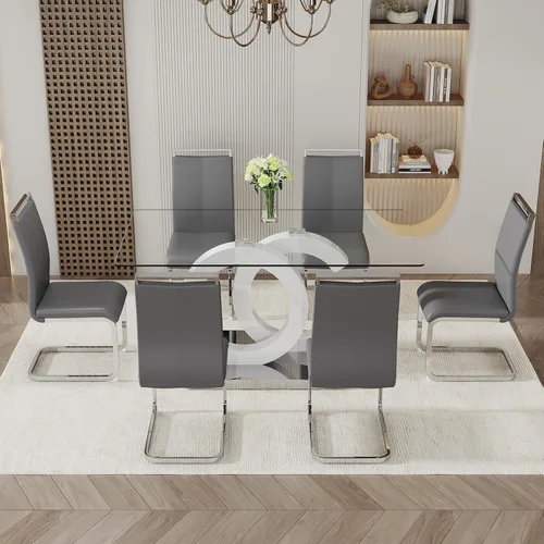 Miniatura 8 de Juego de mesa de comedor Ebullient para 6, juego de mesa de comedor de 7 piezas, tapa de mesa de cristal templado, mesa moderna de comedor con 6