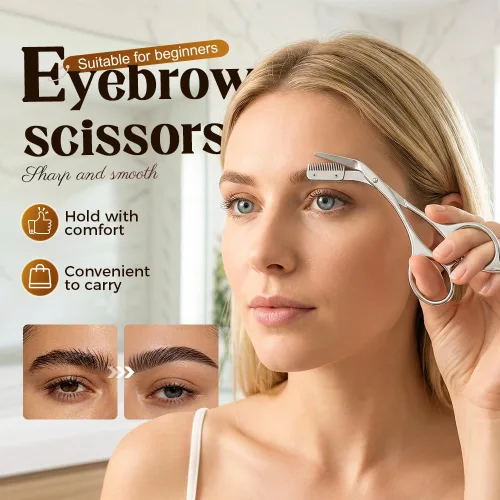 Miniatura 2 de Tijeras de corte de cejas con peine, tijeras de cejas de acero inoxidable 2026, herramienta portátil de aseo de cejas para uso en el hogar