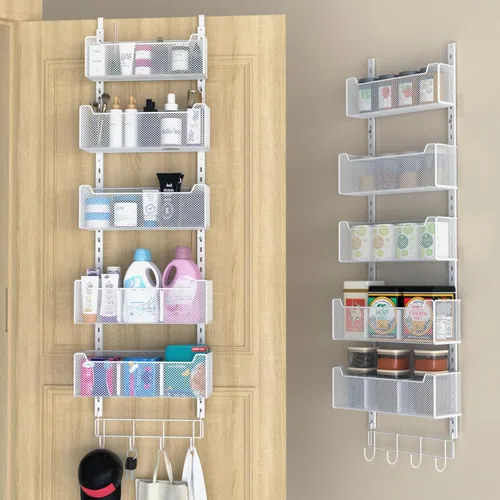 VyGrow Organizador Sobre la Puerta, Organizador de Puerta de Metal Colgante con 5 Cestas Ajustables y Gancho para Abrigos, Almacenamiento Detrás de