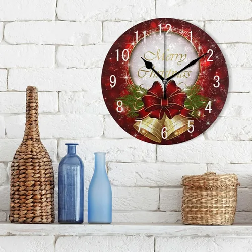 Miniatura 3 de ALAZA Decoración del hogar Feliz Navidad Campana Estrella Redonda Acrílico 9.84 Pulgadas Reloj de Pared No Ticking Silencioso Reloj Arte para Sala