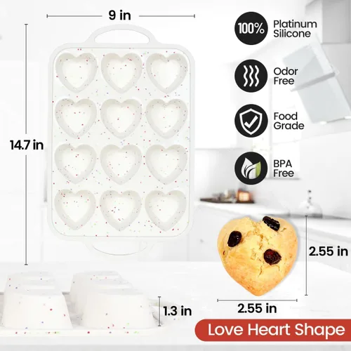 Miniatura 5 de CAKETIME Molde para magdalenas con forma de corazón con marco metálico, moldes de silicona antiadherentes en forma de corazón para hornear muffins