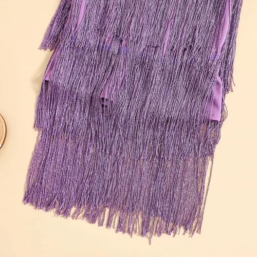 Miniatura 6 de WALLARENEAR Vestido de lentejuelas para niños, vestido sin mangas con borlas brillantes, vestido de baile latino para fiesta, vestido de baile