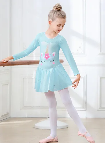 Miniatura 28 de EQSJIU Leotardo de baile de manga larga para niñas, vestido de ballet brillante con copo de nieve, tutú con falda tutú para niñas