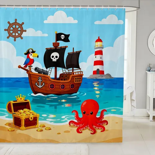Miniatura 15 de Cortina de ducha de barco pirata de dibujos animados, 72 pulgadas de ancho x 72 pulgadas de largo, bonito sombrero pirata, bandera de calavera