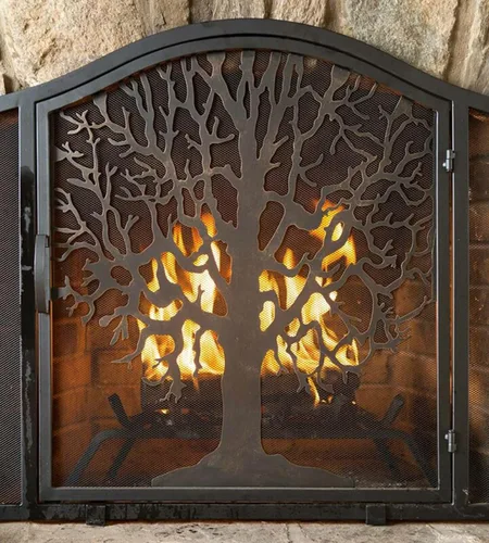 Miniatura 4 de ROYUMI Pantalla de chimenea en forma de árbol con herramientas, estufa de leña con puertas, accesorios de hierro forjado, cepillo, póker, pala