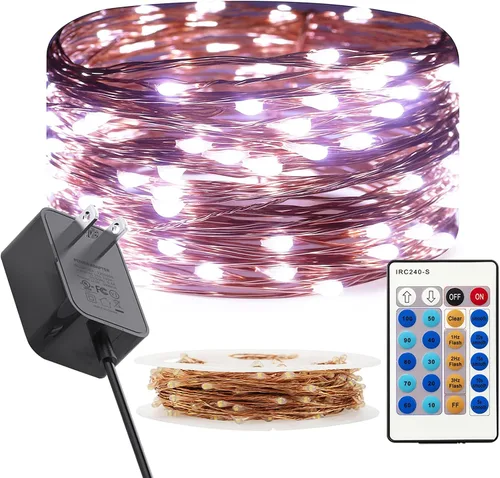 Miniatura 10 de RUICHEN Cadena de luces LED de alambre de cobre regulable de 33 pies, 100 luces LED enchufables con control remoto, blanco cálido