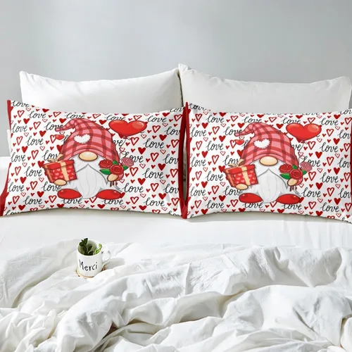 Miniatura 6 de Juego de funda de edredón de gnomo lindo para el día de San Valentín, tamaño individual, juego de ropa de cama con estampado de corazón rojo