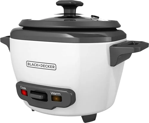 BLACK+DECKER Olla arrocera de 3 tazas, RC503, 1.5 tazas de arroz crudo, cesta de cocción al vapor, recipiente antiadherente extraíble, un toque,