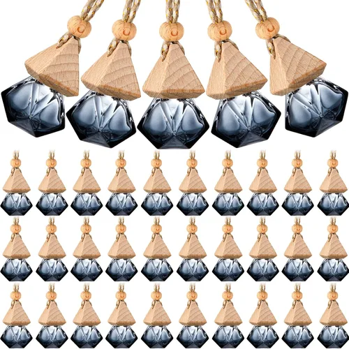 50 piezas de ambientador de coche colgante, botellas de difusor de coche negro, botellas de perfume de vidrio vacías, ambientador difusor colgante