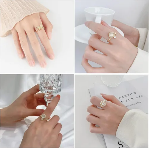 Miniatura 4 de Honsny 6 piezas anillos de ansiedad chapados en oro de 14K para mujeres, anillo giratorio ajustable para la ansiedad, anillos fidget CZ de mariposa