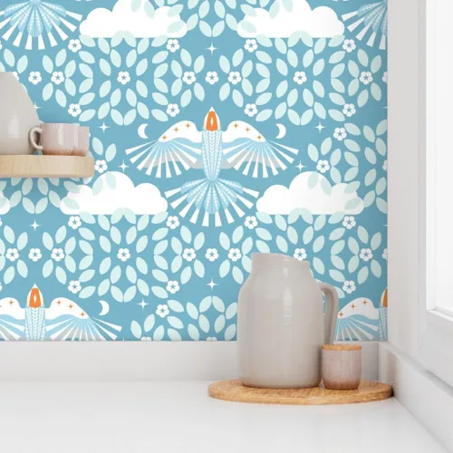 Miniatura 8 de Removable Wallpaper Swatch - Blue Sky Folk Art Orange Aqua Maximalist Magic Lucid Dreaming Scandi Scandinavian Mystical Large Custom Pre-Pasted
