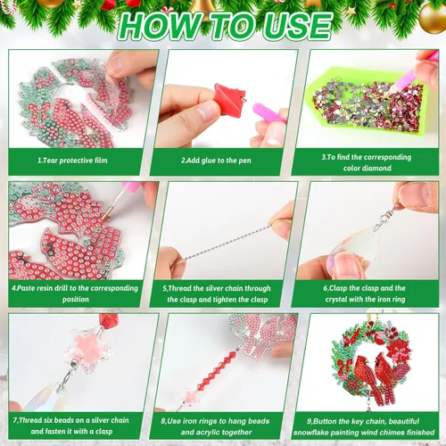 Miniatura 5 de Juego de 6 piezas de arte de diamantes de Navidad de doble cara, cardenal de diamante, campanillas de viento, arte para ventana, decoración de árbol