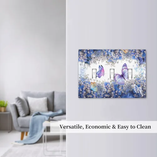 Miniatura 7 de Cubierta de interruptor de luz de 3 cuadrillas con diseño de flores azules púrpuras, cubierta de placa de pared de triple palanca, arbustos florales
